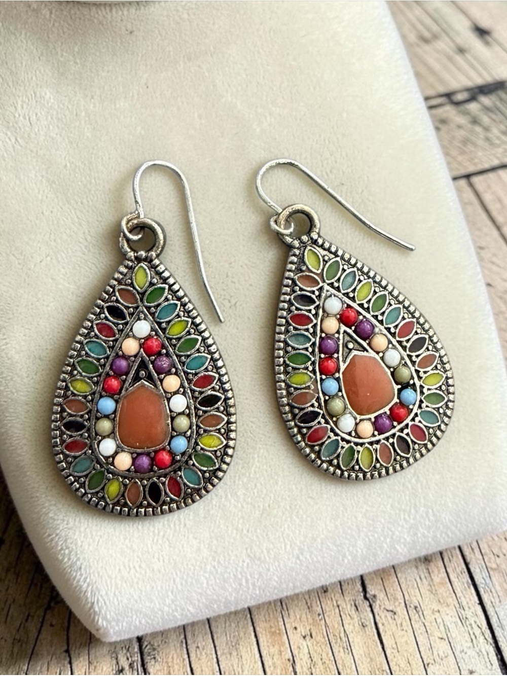 Vintage Multicolor Teardrop Earrings with Orange Center